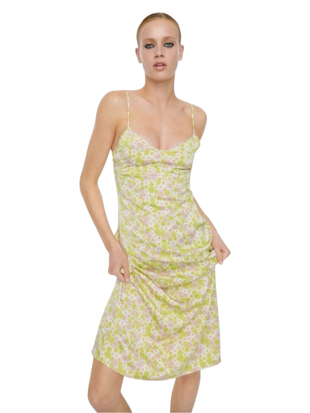 Zara Floral Midi Slip Dress Medium Yellow Purple Cut-Out